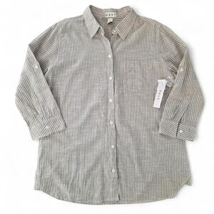 Dash NWT Taupe Striped Cotton 3/4 Sleeve Roll Tab Button Front Shirt Women S